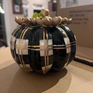 MacKenzie-Childs Black and White Plaid Pumpkin with Gold Trim